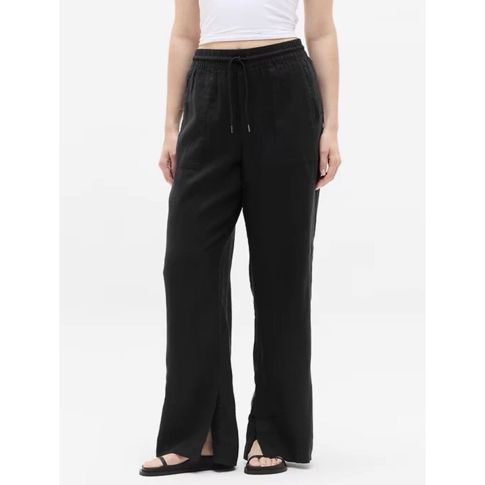 Athleta Black Straight-Leg Drawstring Pants with Front Slit